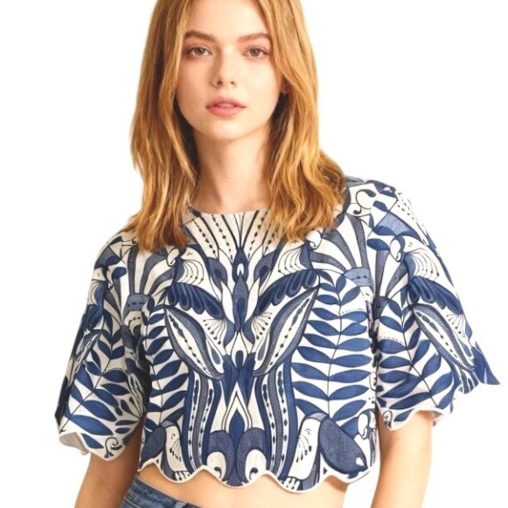 Farm Rio Lace Nature Blouse Blue Scalloped Linen Crop Top S NWT - Picture 14 of 16